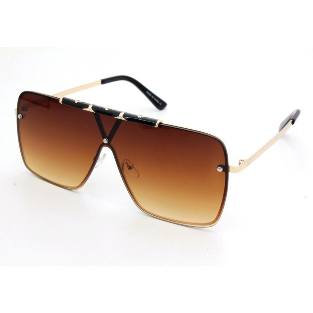 Oversized Shield Sunglasses Brown Lens Gold Accents Fashion‎ Designer Shades New
